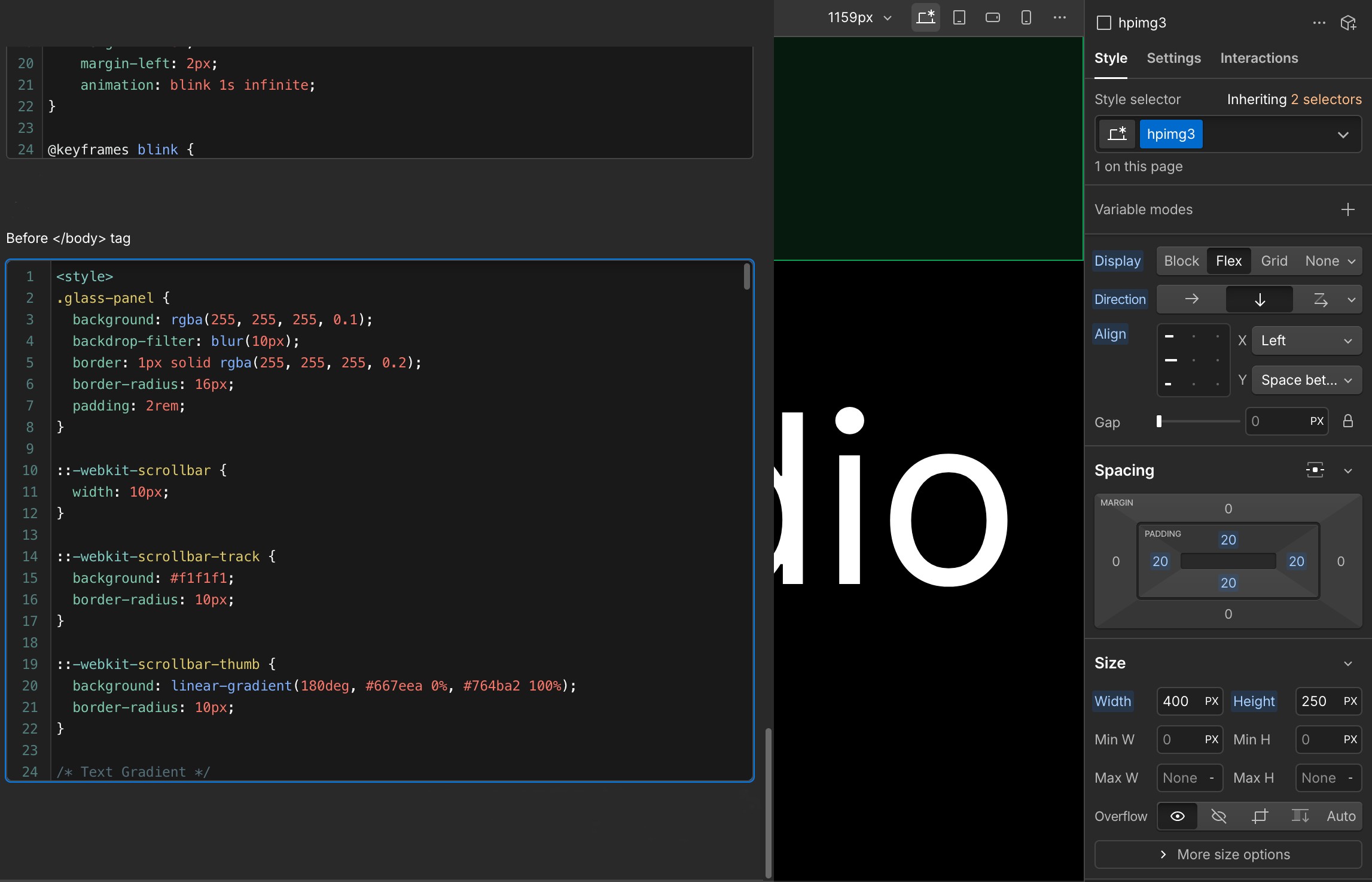 Webflow website development interface showing custom web design workflow